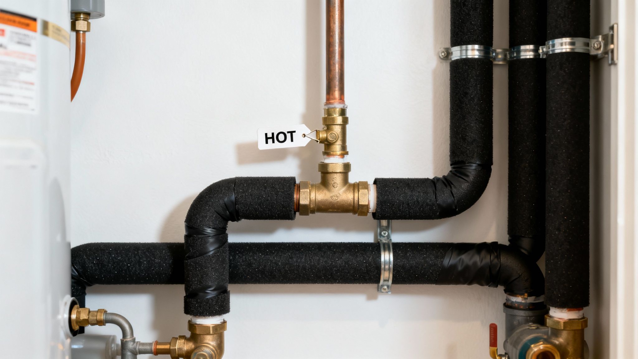 Close-up of insulated plumbing pipes connected to a water heater, with a 'HOT' tag on a brass valve.