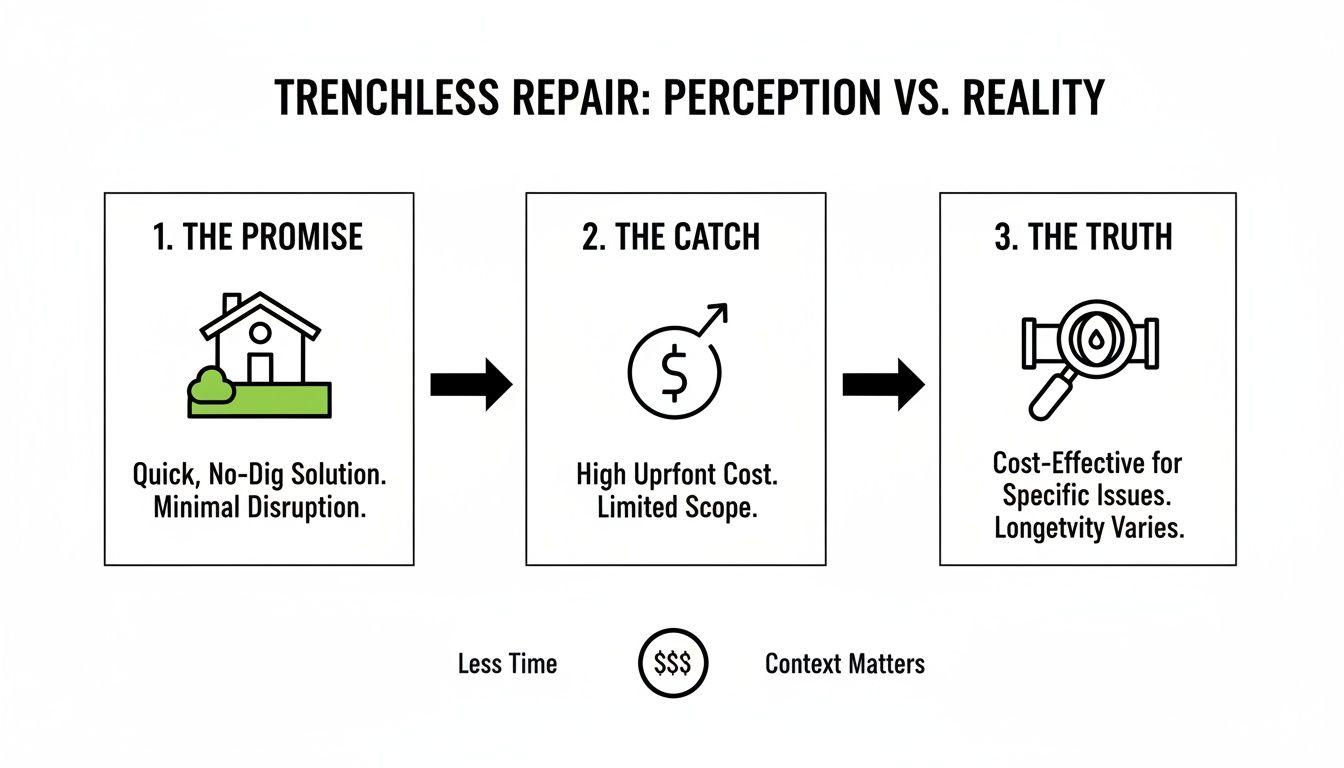 A diagram comparing the perception vs. reality of trenchless repair, detailing its promise, catch, and truth.