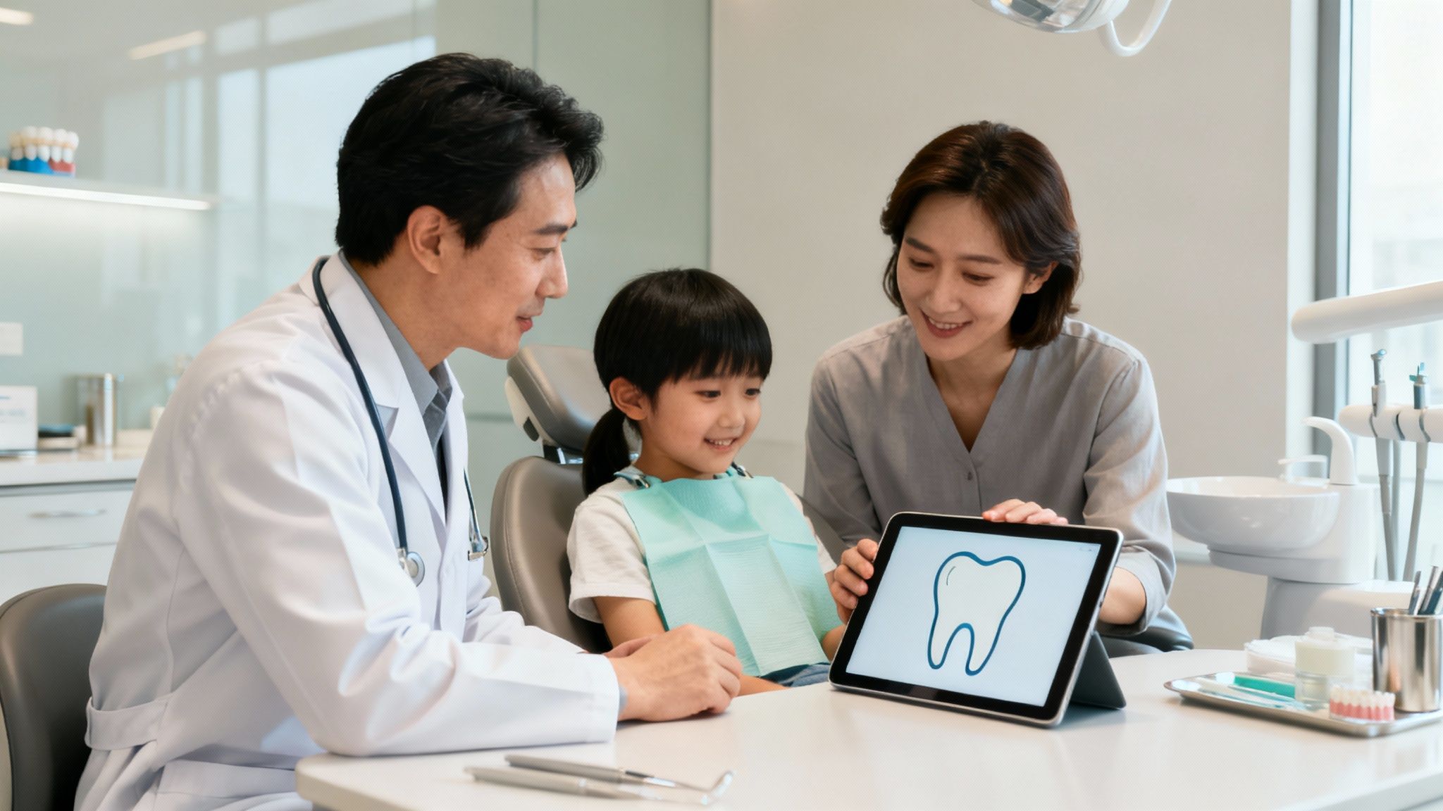 A smiling dentist, child, and mother look at a tablet with a tooth icon during a dental consultation.