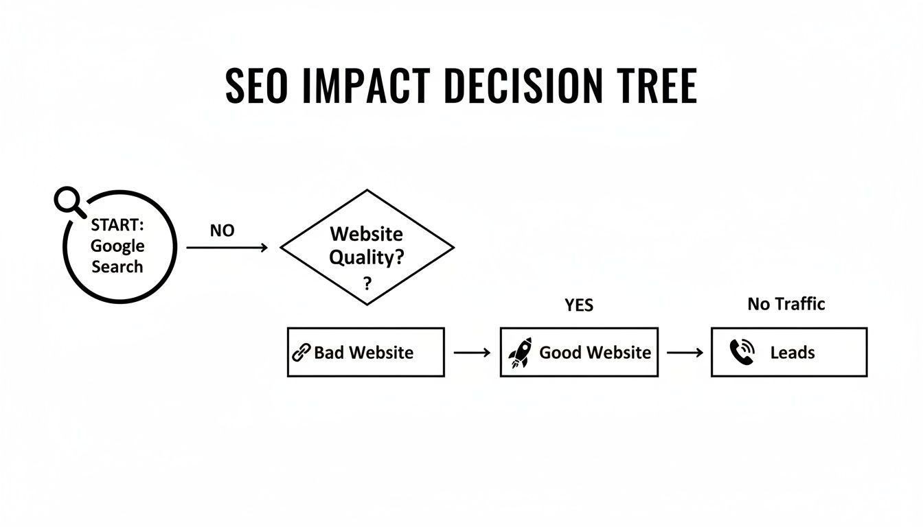 SEO Impact Decision Tree flowchart illustrating the path from Google Search to leads based on website quality.