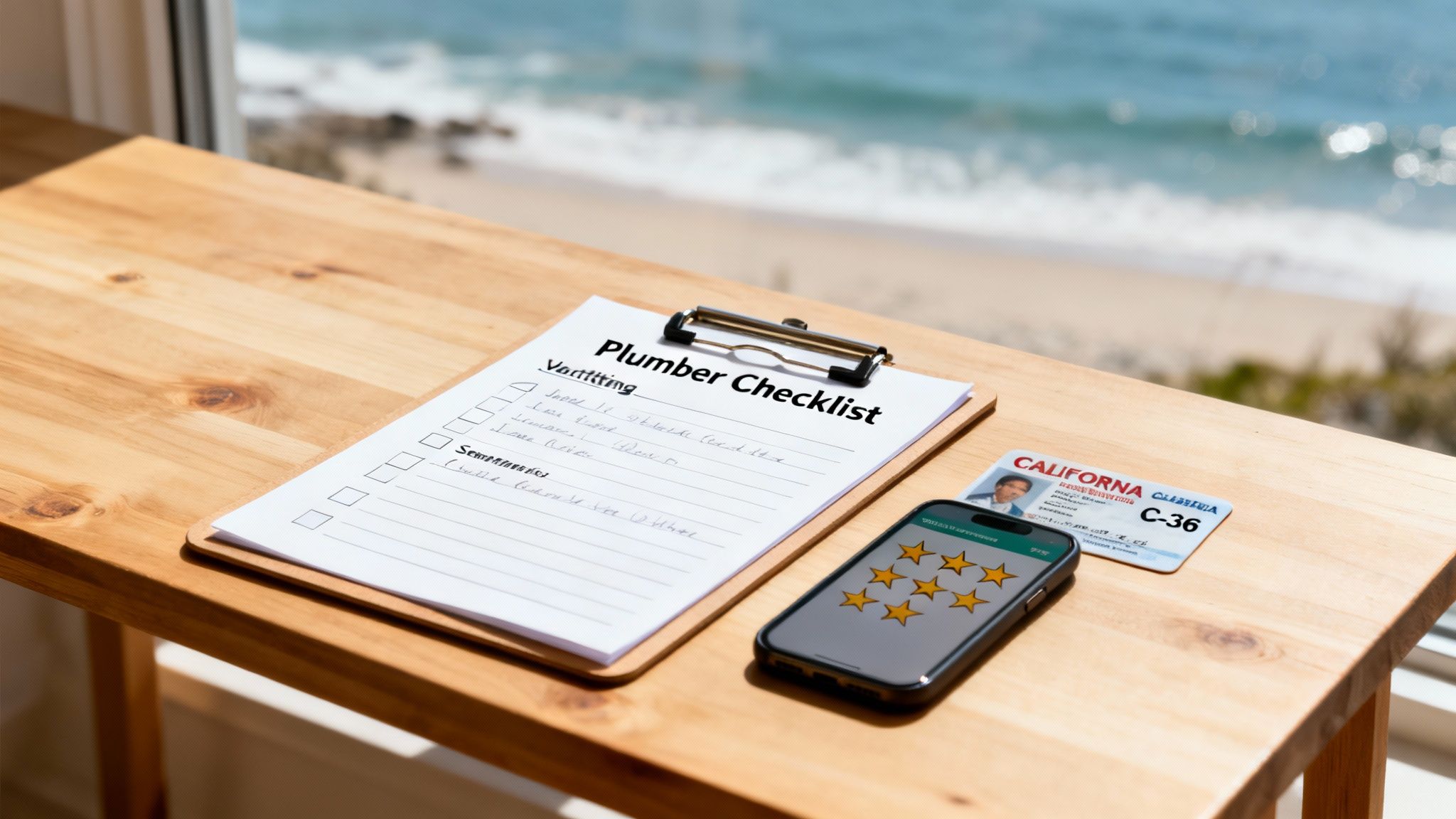 Plumber checklist, smartphone with five stars, and California ID on a wooden table with ocean view.