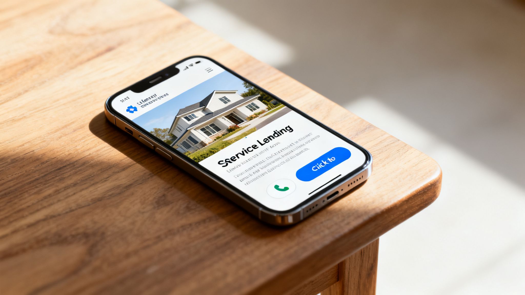 A smartphone on a wooden table displaying a 'Service Landing' page with a house image.