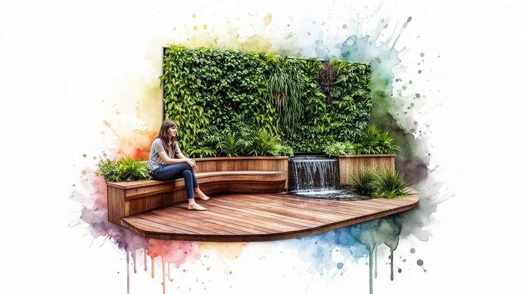 A barefoot woman sits on a curved wooden deck with a lush green living wall and waterfall.
