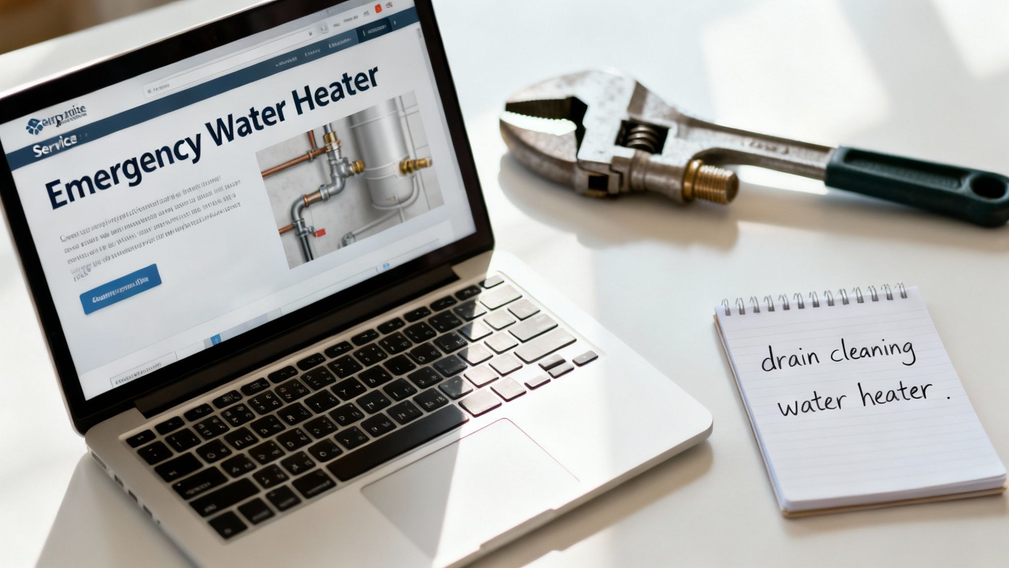 Laptop displaying 'Emergency Water Heater' service, with a wrench and a notepad for water heater maintenance.