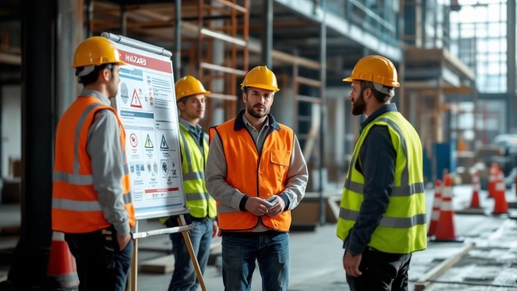 A construction worker in a safety vest and hard hat reviewing plans on a job site, with the sun setting in the background.
