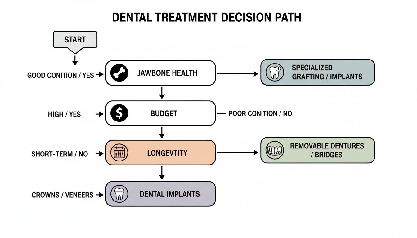 A flowchart illustrating dental treatment decision path based on jawbone health, budget, and longevity factors.