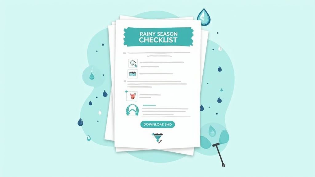 A 'Rainy Season Checklist' document with icons and a download button, surrounded by raindrops.