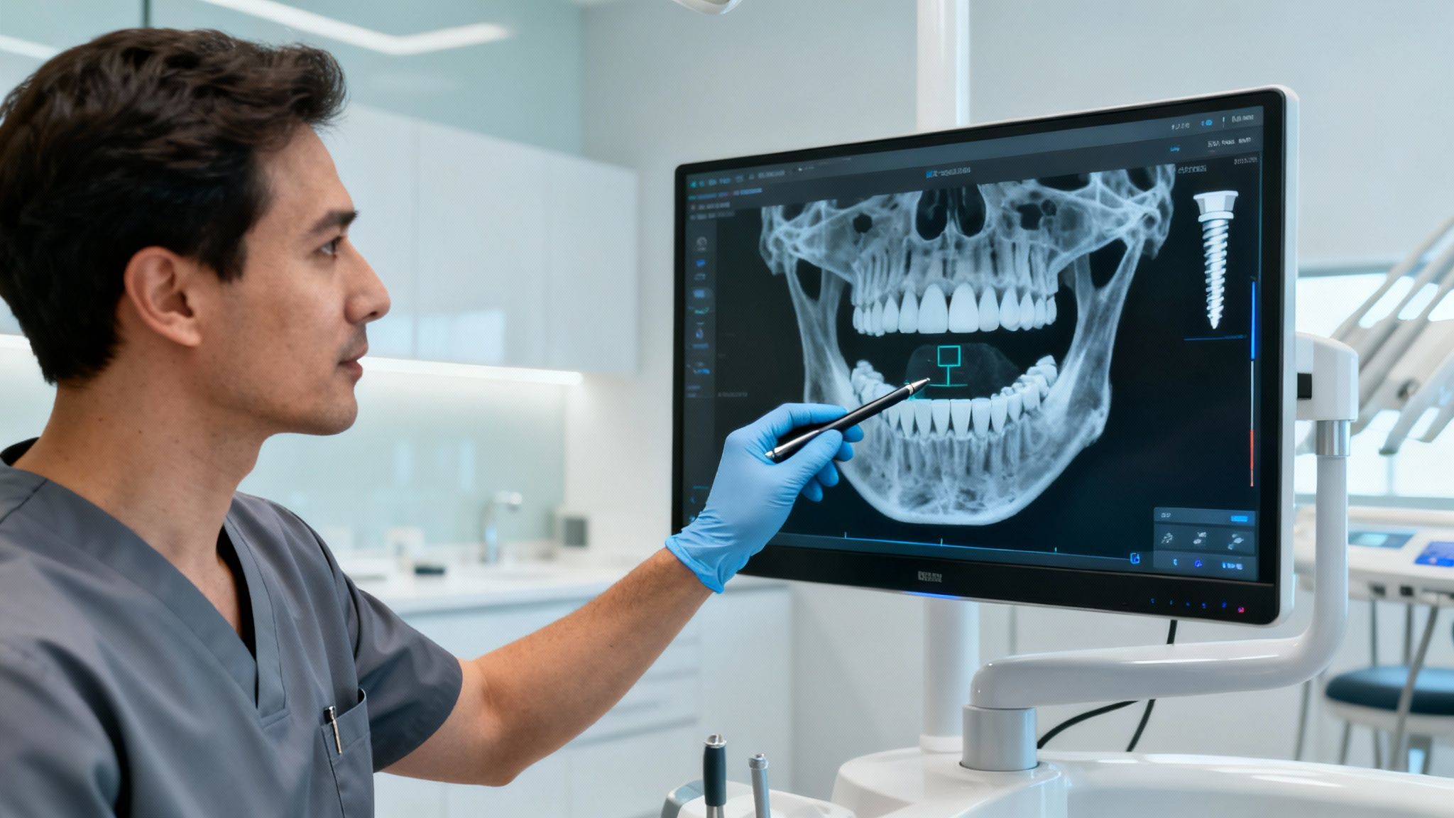A dentist in blue gloves points to a digital dental X-ray of a jaw and implant.