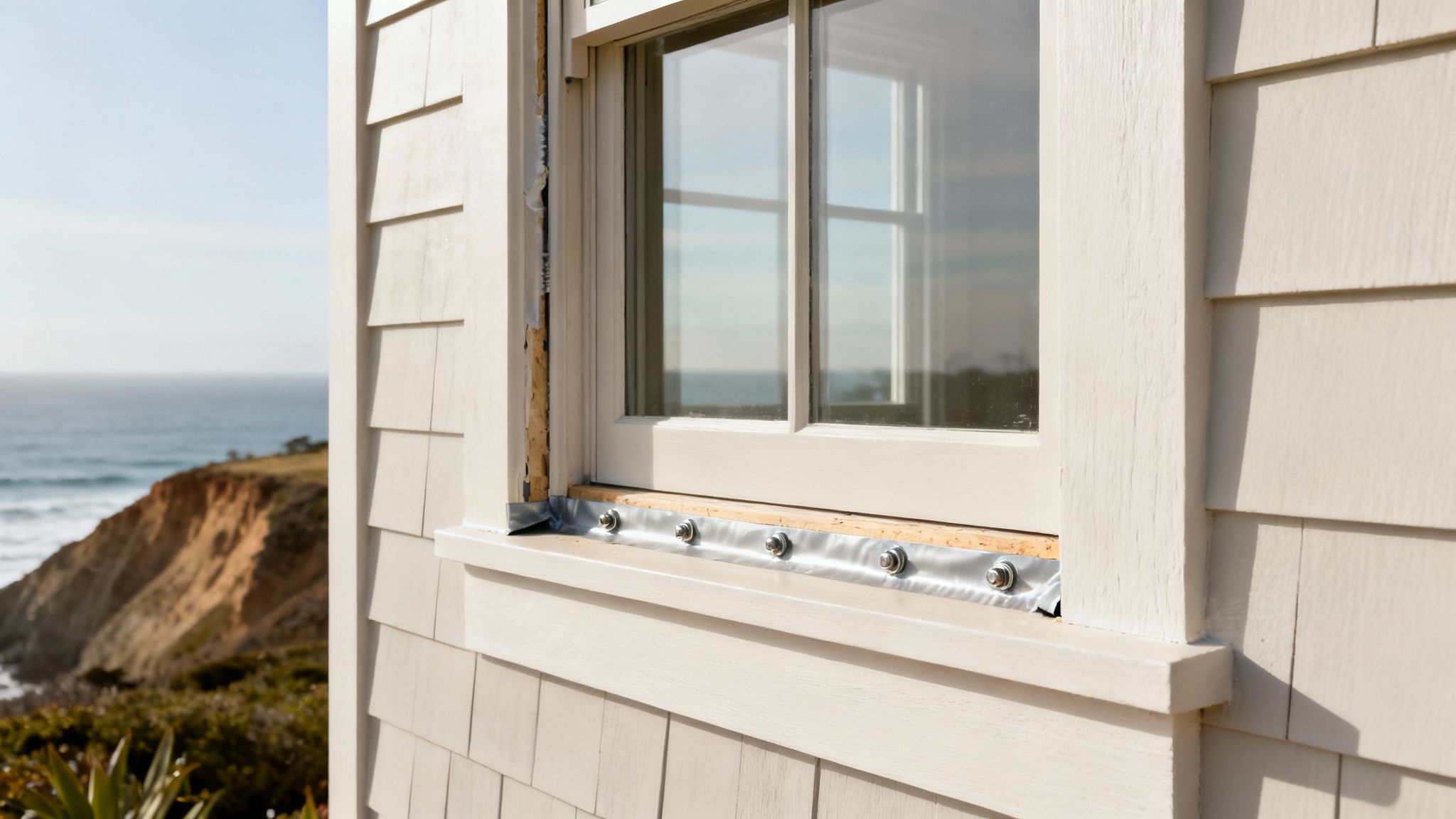 A beautiful coastal home in Monterey with large, clear windows facing the ocean.