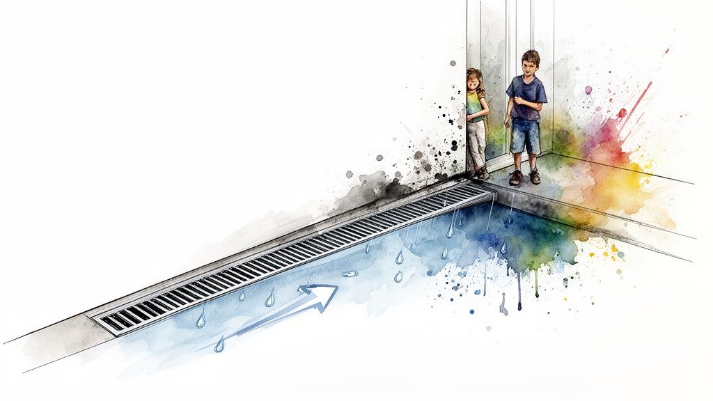 Watercolor illustration of a linear drainage system capturing water, with children observing, contrasting clean and dirty sides.