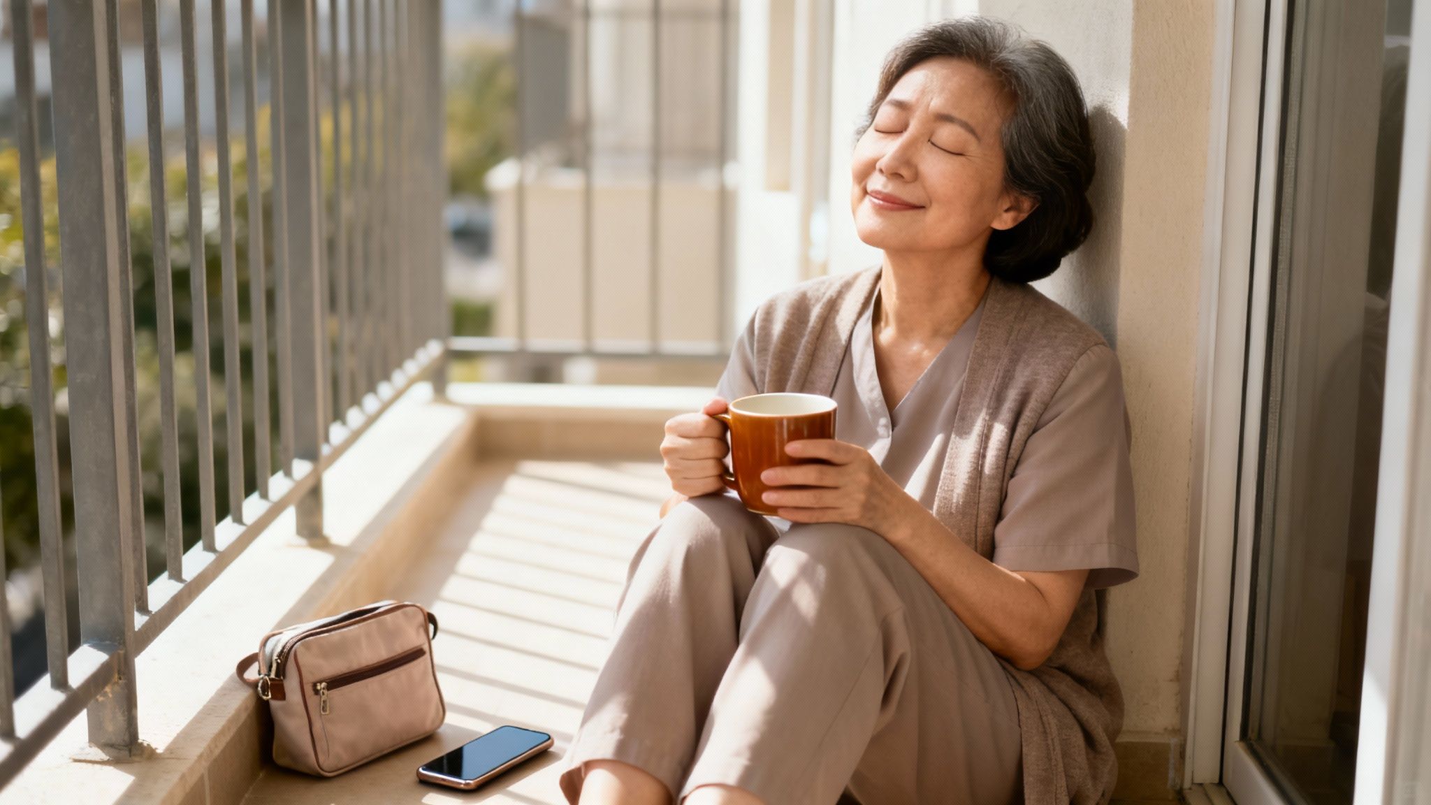 A serene elderly woman sits on a balcony, enjoying the sun with a warm drink.