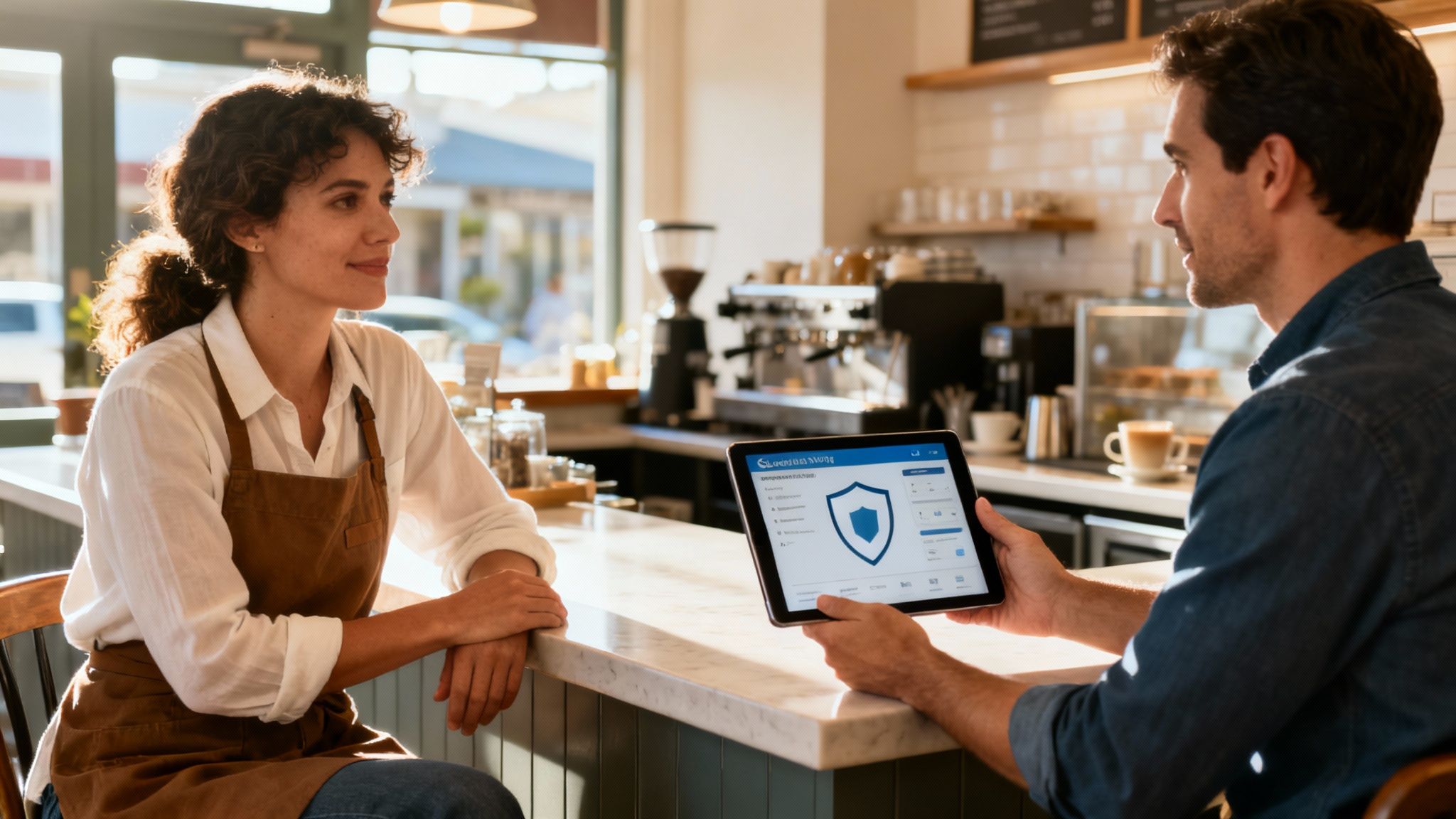 A male customer shows a tablet displaying a cyber security app to a smiling female barista at a cafe counter.