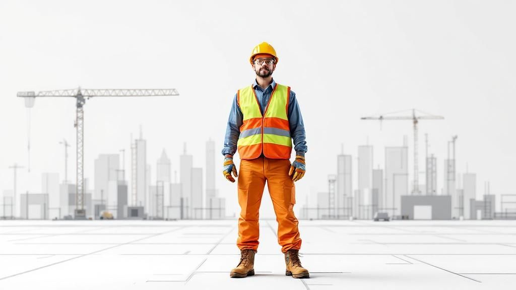A construction worker wearing a full set of Personal Protective Equipment, including a hard hat, safety glasses, and high-visibility vest.