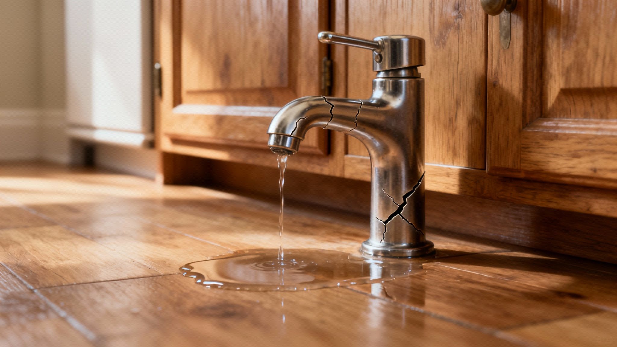 A frustrated person looking at a broken pipe under a sink, illustrating a DIY repair gone wrong.