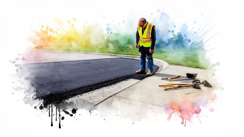 A construction worker in a high-visibility vest inspects newly laid asphalt pavement.