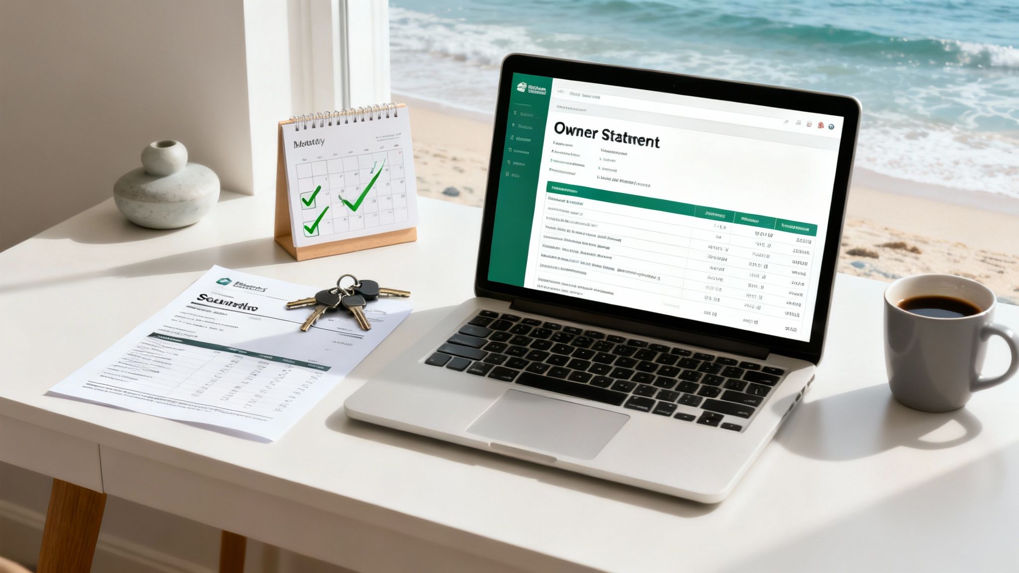 A laptop displays an owner statement, with documents, keys, and a calendar on a desk by the ocean.