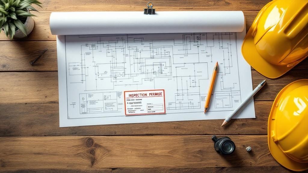 An electrical plan blueprint laid out on a table with tools nearby, representing the importance of plan compliance during an inspection.