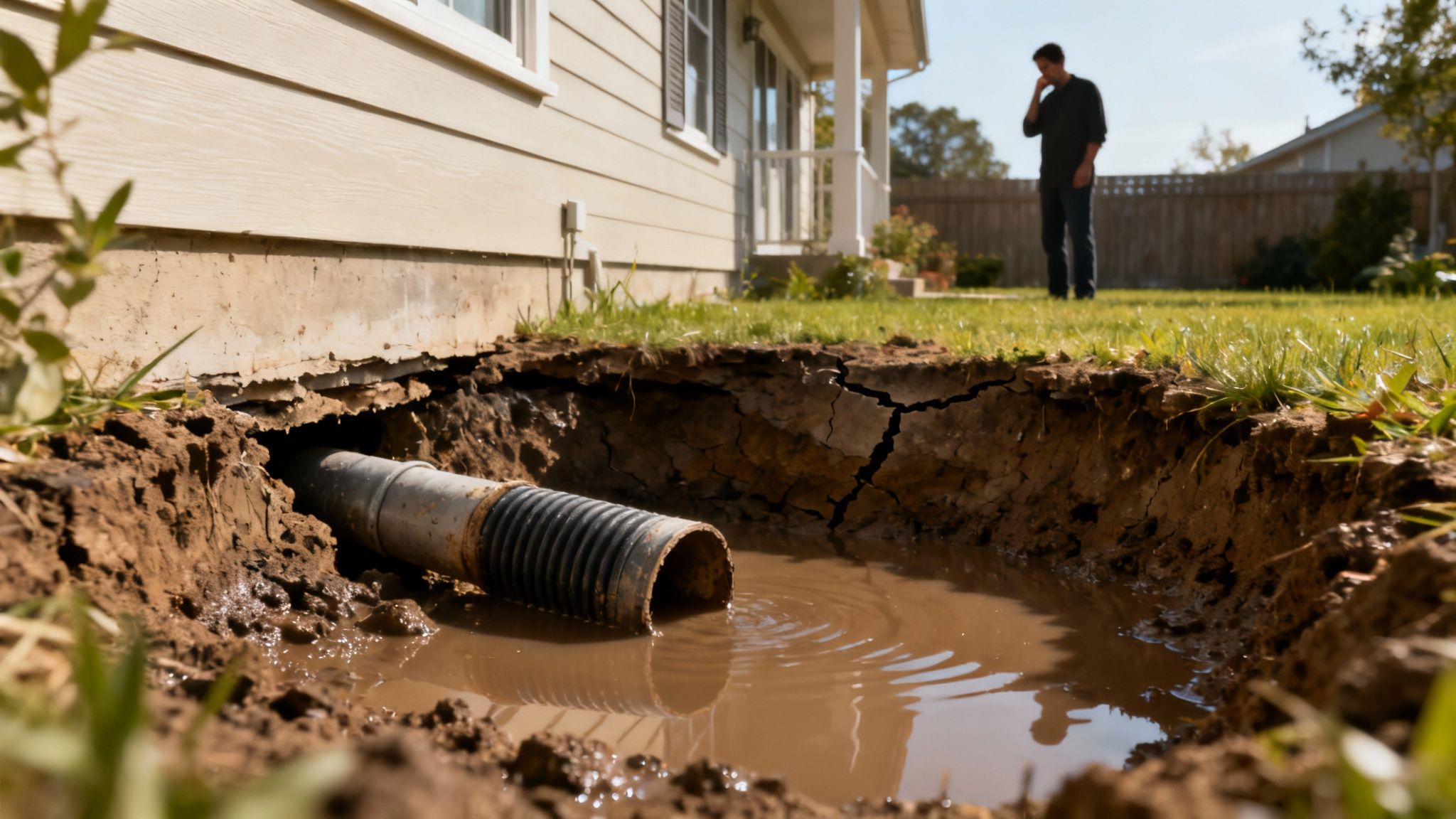 From Funding to Flooding: What Central Coast Property Owners Should Know This Winter 1 Close-up of a cracked, aging underground pipe.