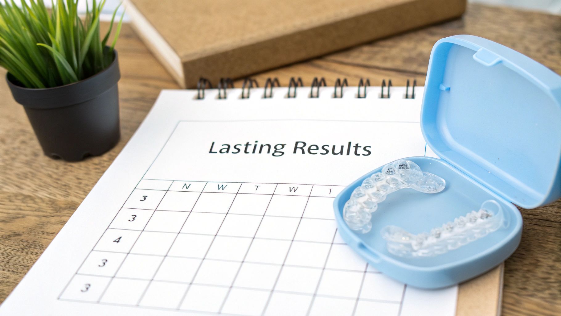 Clear dental aligners in a blue case next to a document titled 'Lasting Results' on a wooden desk.