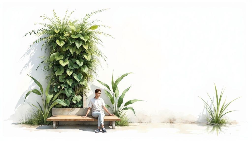 A man sits on a wooden bench beside a vibrant vertical garden on a clean white wall.
