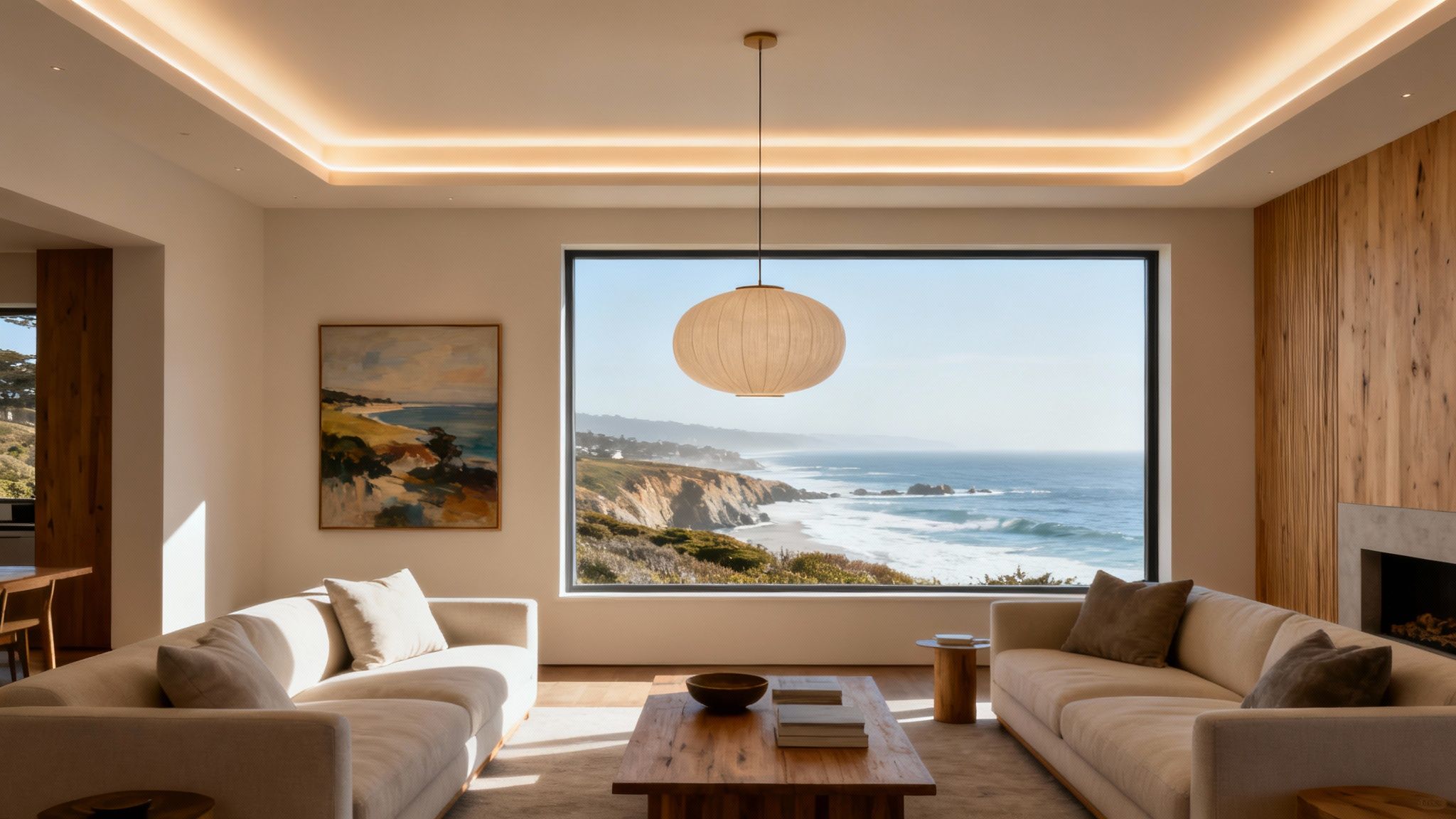 A modern, stylish living room featuring energy-saving lighting fixtures that enhance the decor.