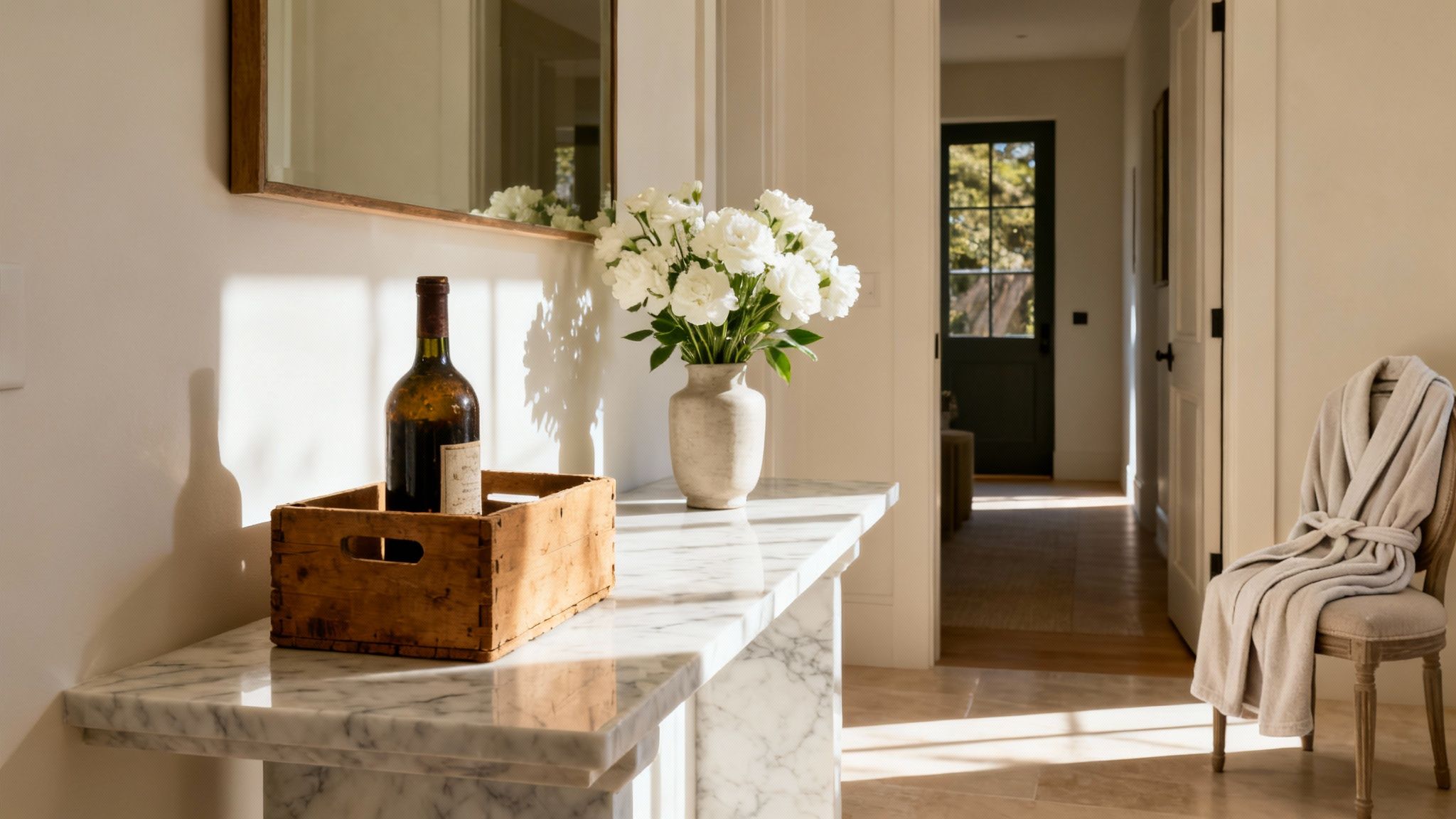 Sunlit luxury entryway with marble console table, white flowers, a vintage bottle, and a chair with a soft robe.