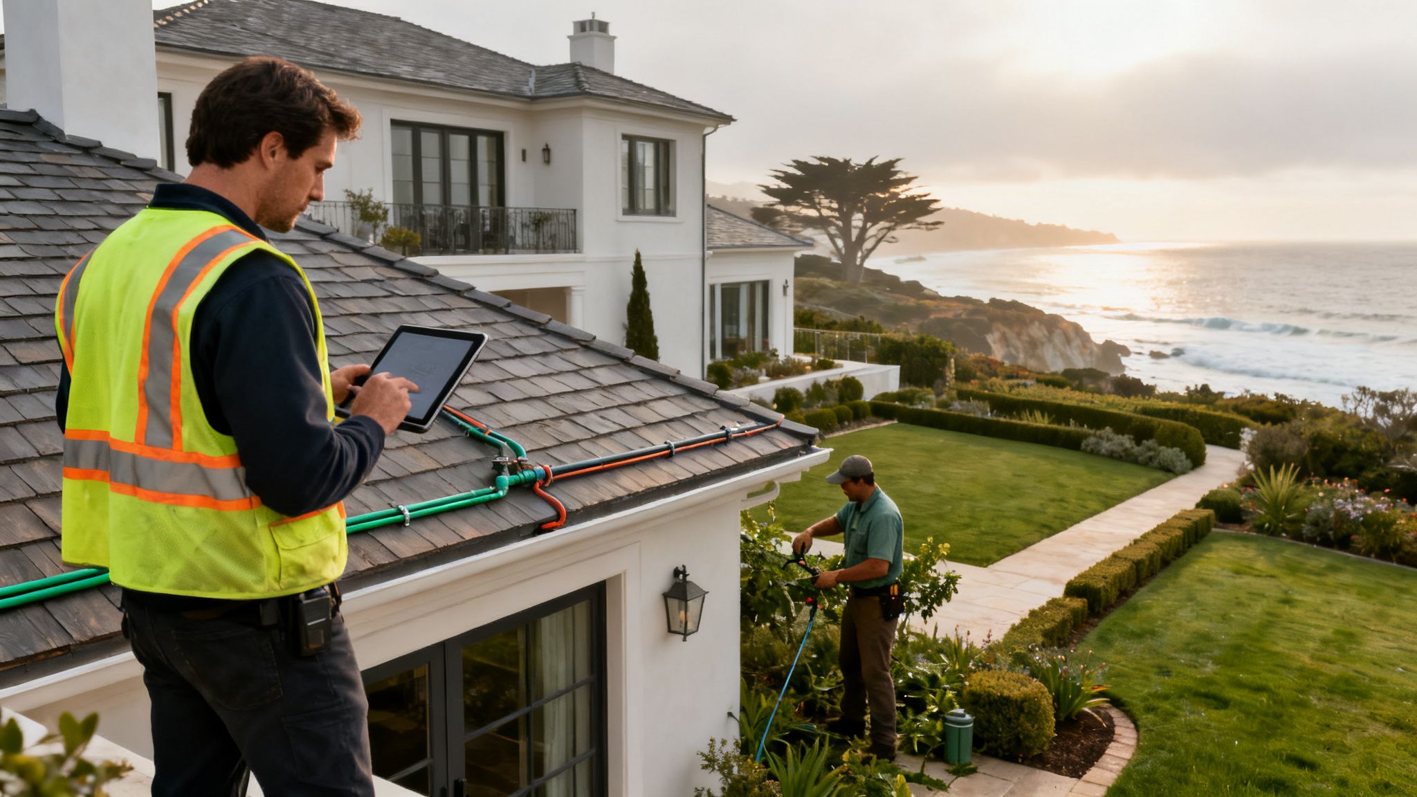 A technician on a roof uses a tablet while a gardener works below, overlooking a coastal sunset.