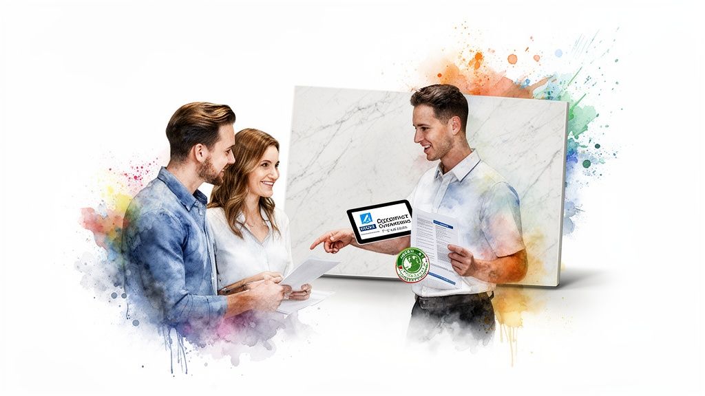 Three people discussing material options, pointing at a tablet and documents with a marble slab background.