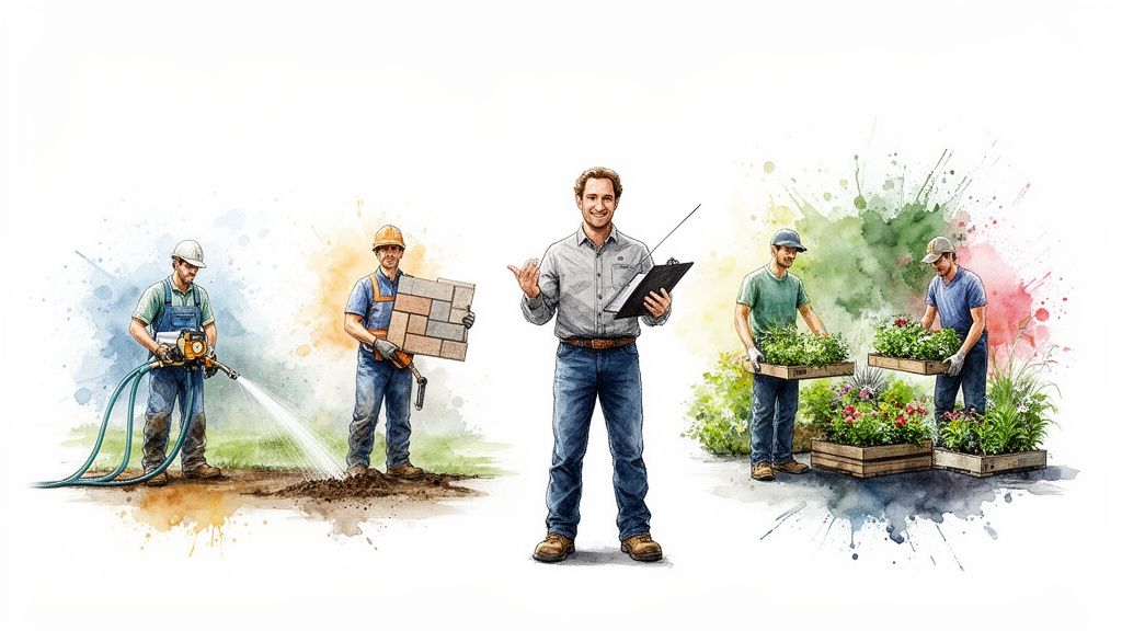 A diverse team of professionals performing various landscaping tasks including watering, bricklaying, and planting.