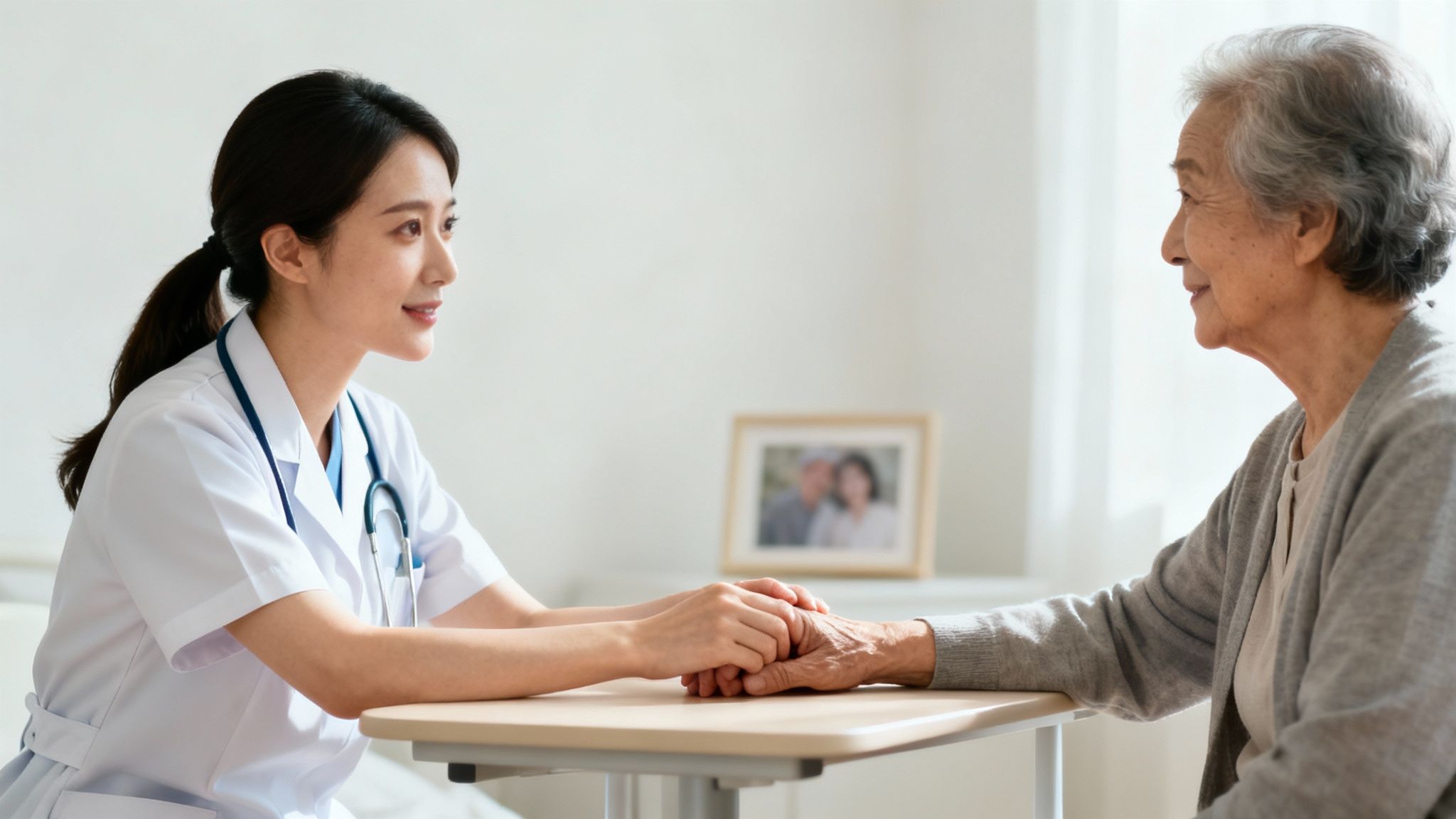 A hospice care team member holds the hand of an elderly patient, showing compassion and support.