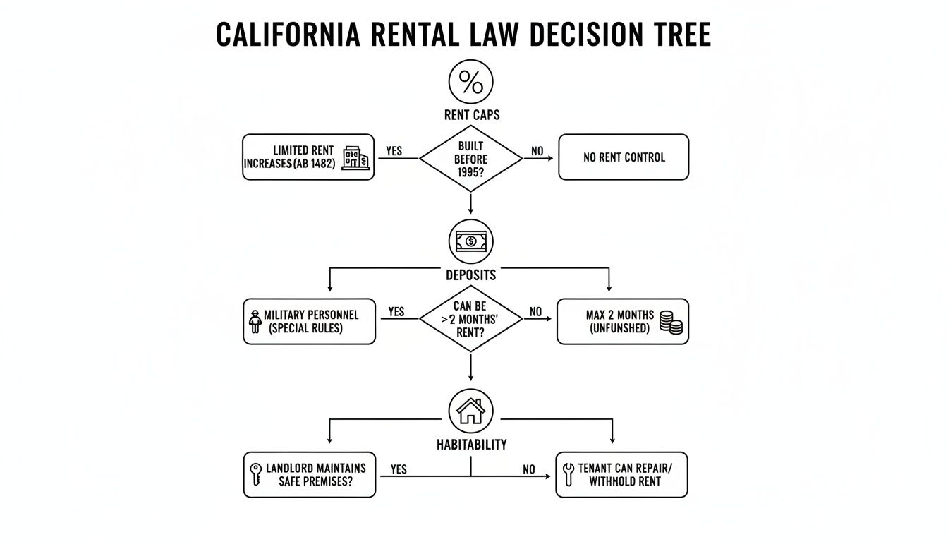 A California Rental Law Decision Tree outlining rules for rent caps, deposits, and habitability, with specific conditions.