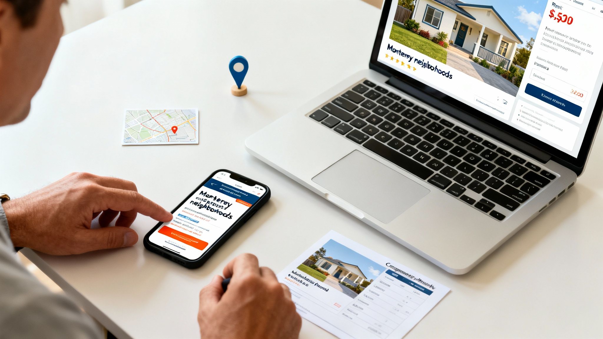 Man comparing rental properties on laptop, smartphone, and printed real estate documents on a a white table.