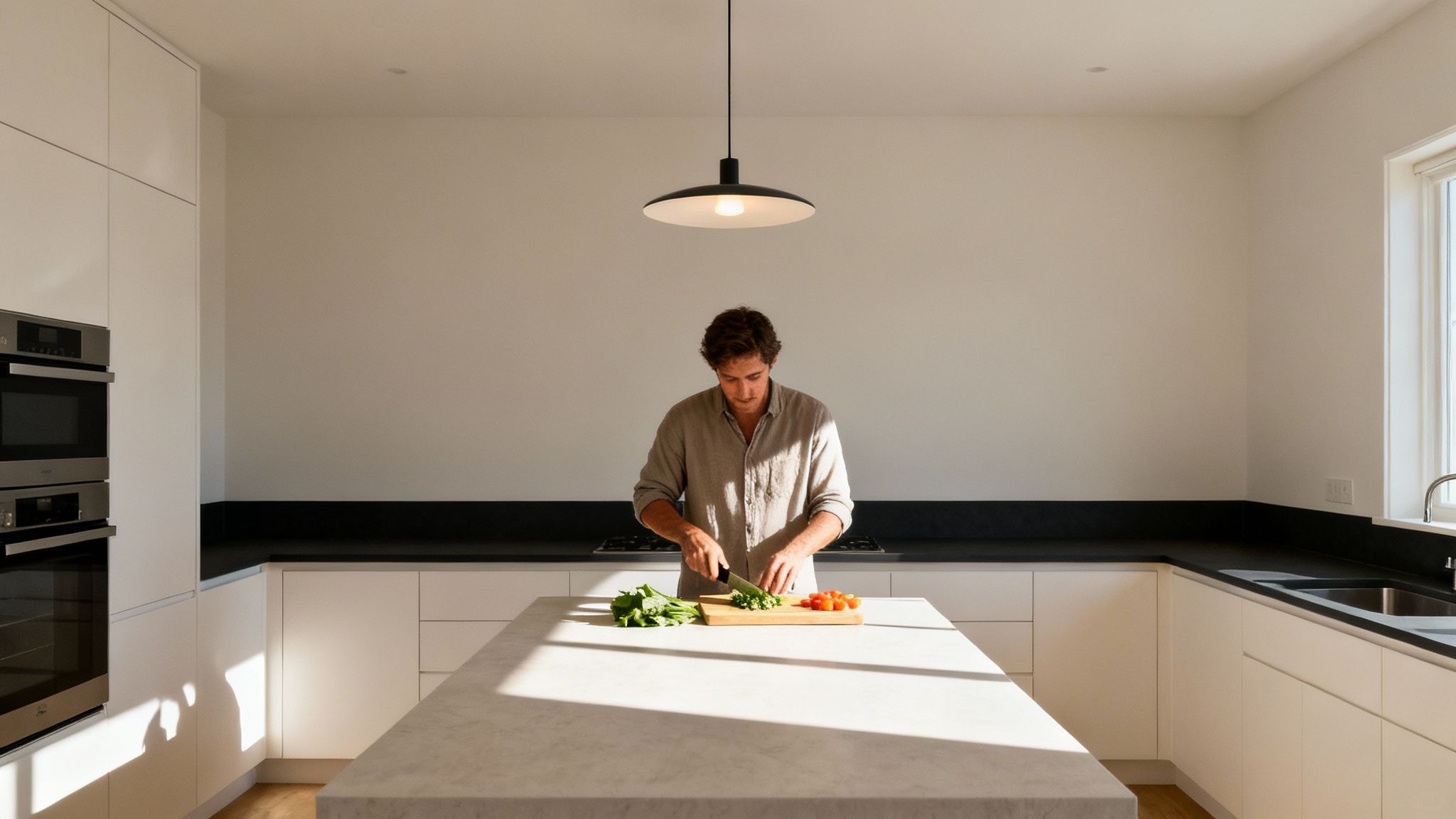 A man chops fresh vegetables on a marble kitchen island in a bright, modern kitchen.