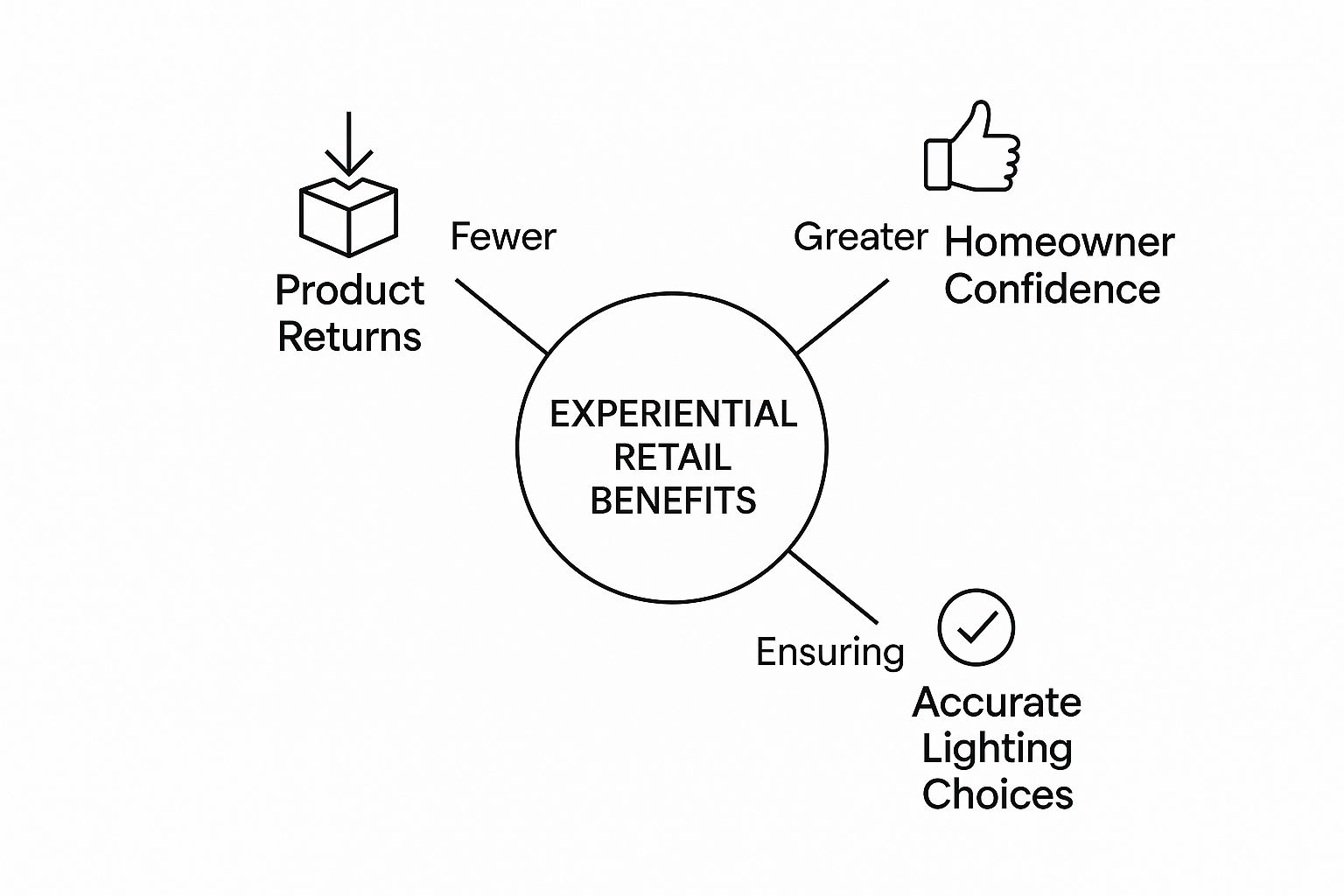Infographic titled “Experiential Retail Benefits” showing three connected nodes: “↓ Product Returns”, “↑ Homeowner Confidence”, and “✓ Accurate Lighting Choices”.
