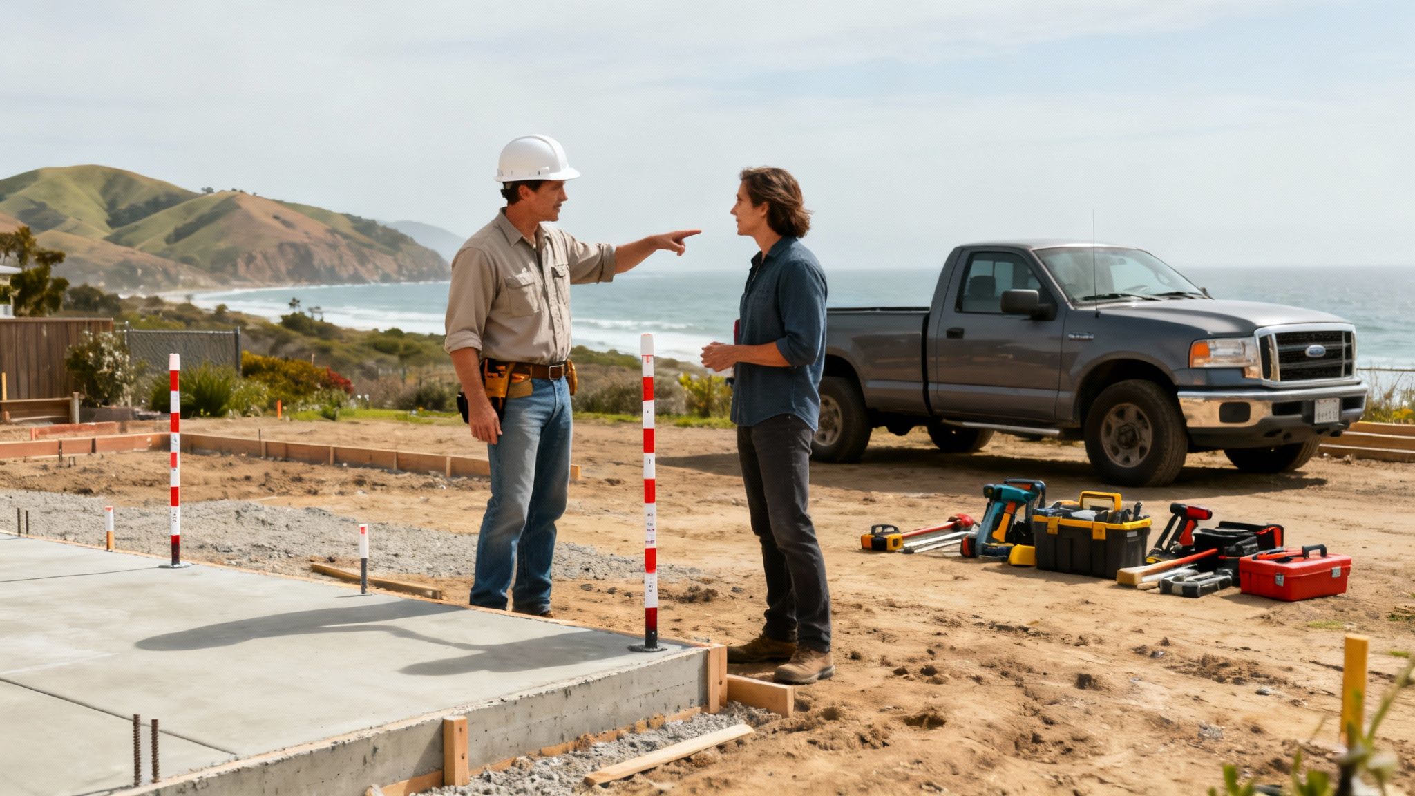 Construction worker points while discussing plans with a client at a new home site by the ocean.