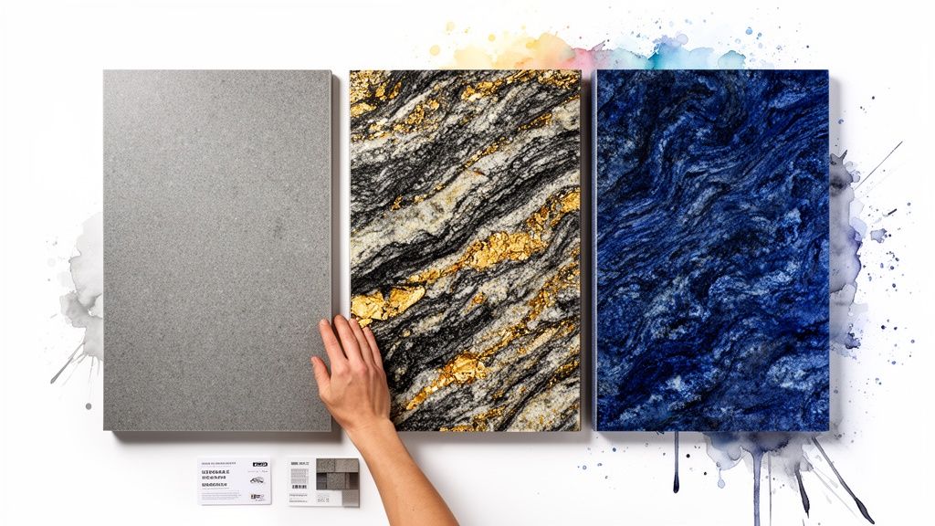 Three large textured stone slabs: plain grey, black-gold veined, and blue wavy pattern, with a hand touching the middle one.