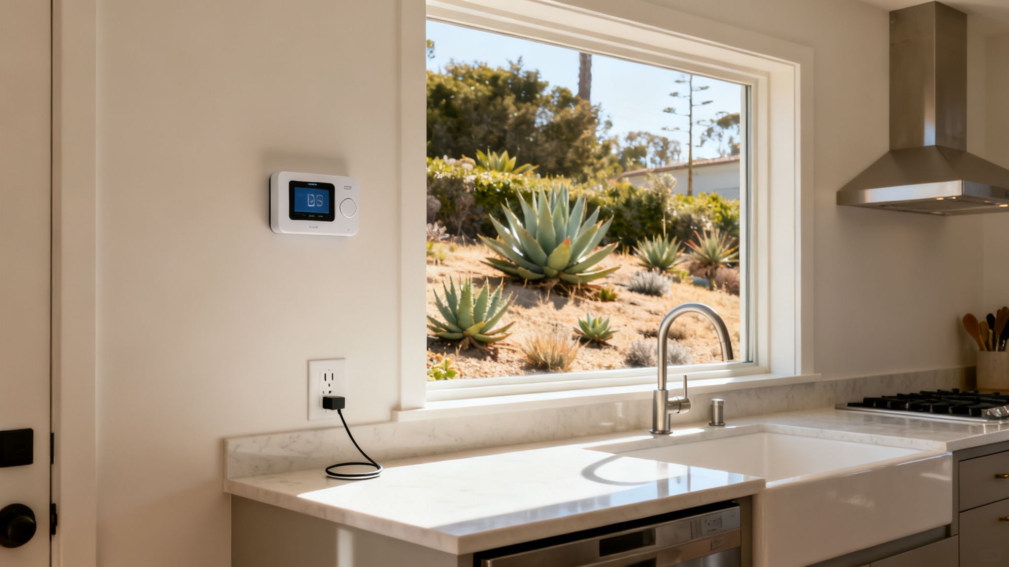 A modern kitchen features a smart thermostat, white farmhouse sink, and a window overlooking a sunny desert landscape.