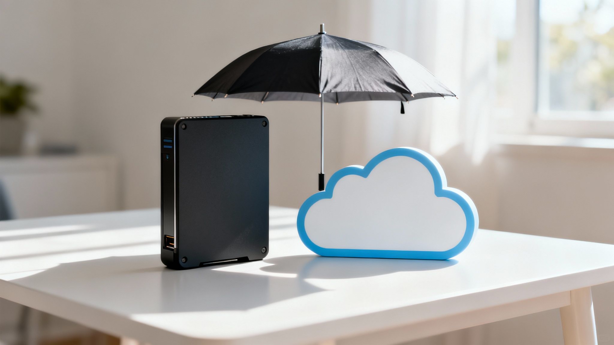 Black mini PC and umbrella protecting a white cloud icon on a bright desk.