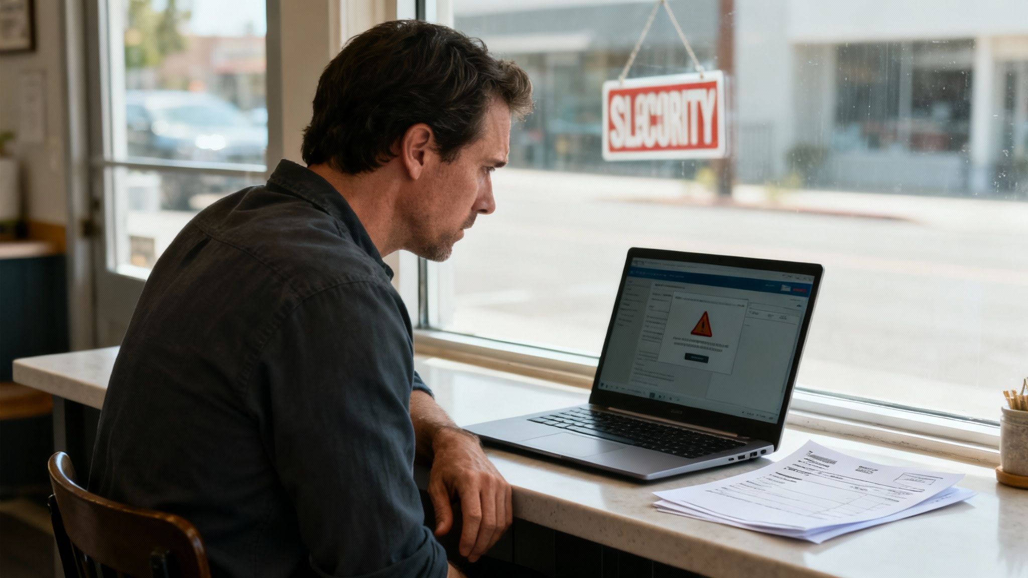 A concerned man intently views a laptop screen showing a security warning by a window.