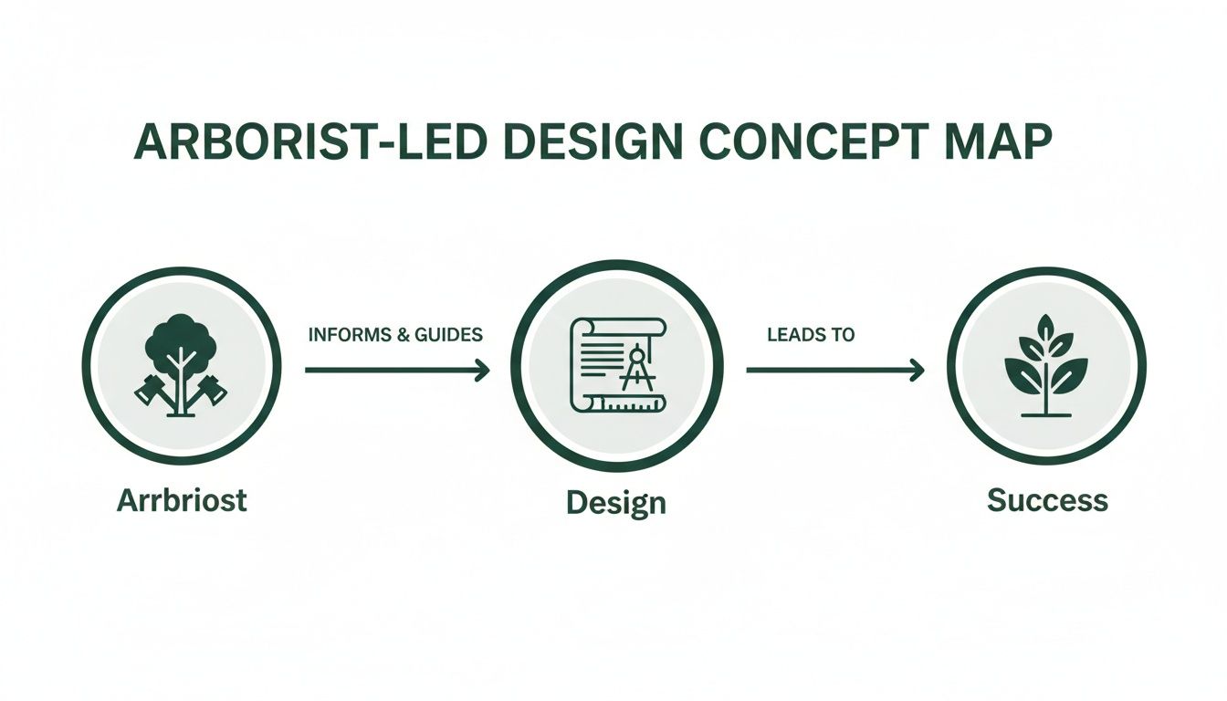 A concept map showing arborist-led design informs and guides design, which leads to success.