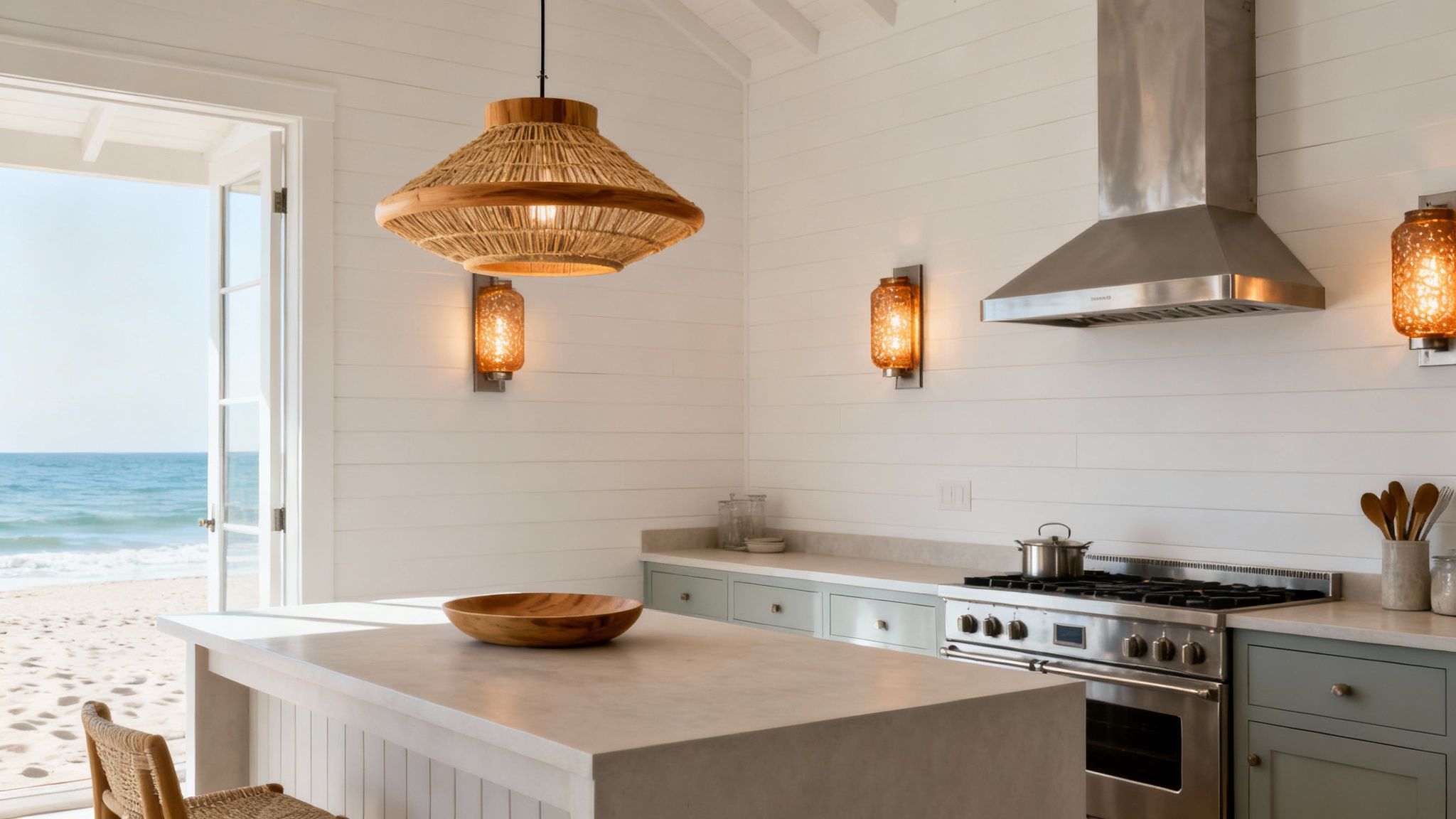 A bright coastal kitchen with a woven pendant light, light green cabinets, and an ocean view.