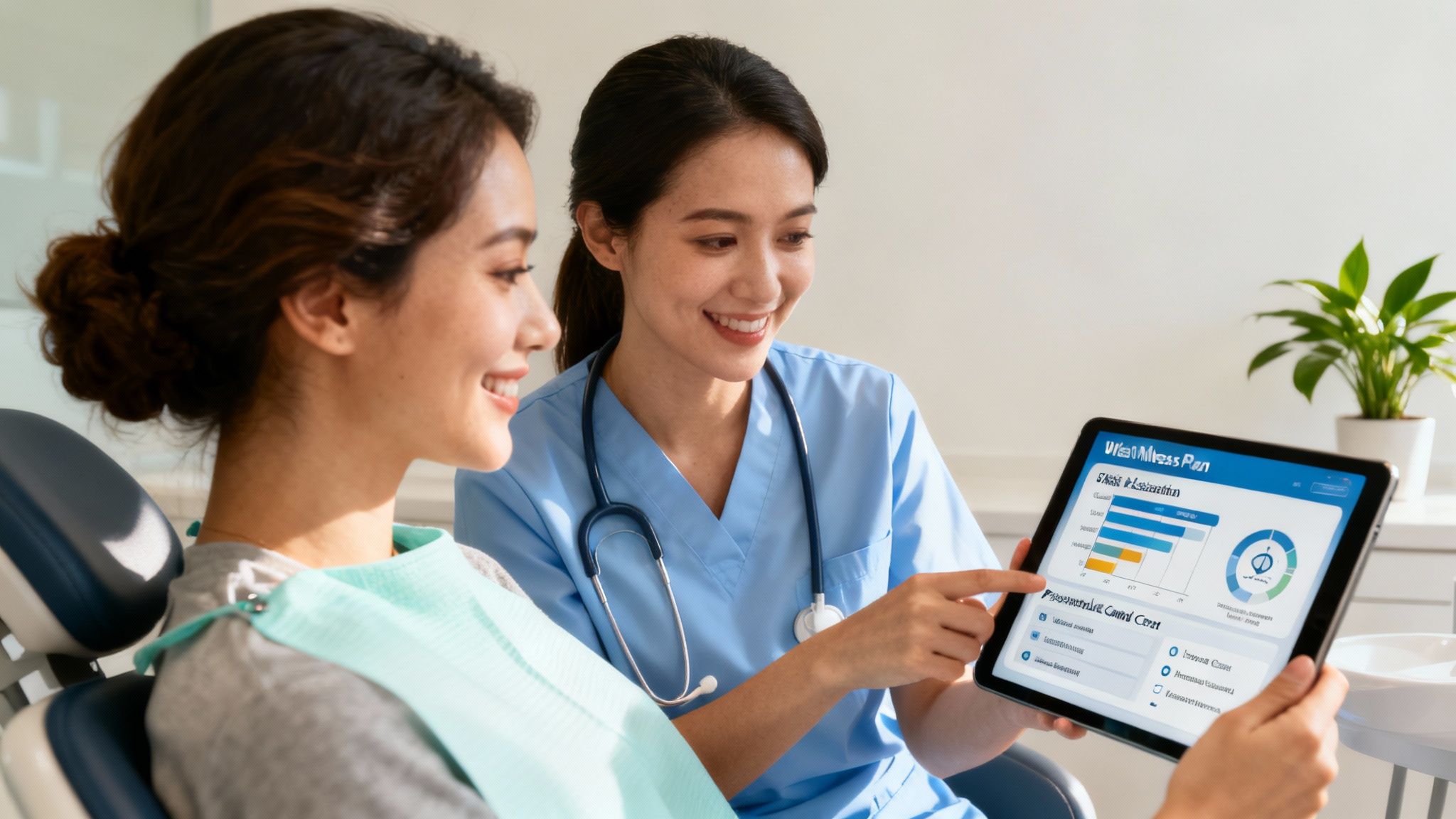 A dentist showing a patient their dental scan on a tablet, illustrating a personalized and preventive approach to care.