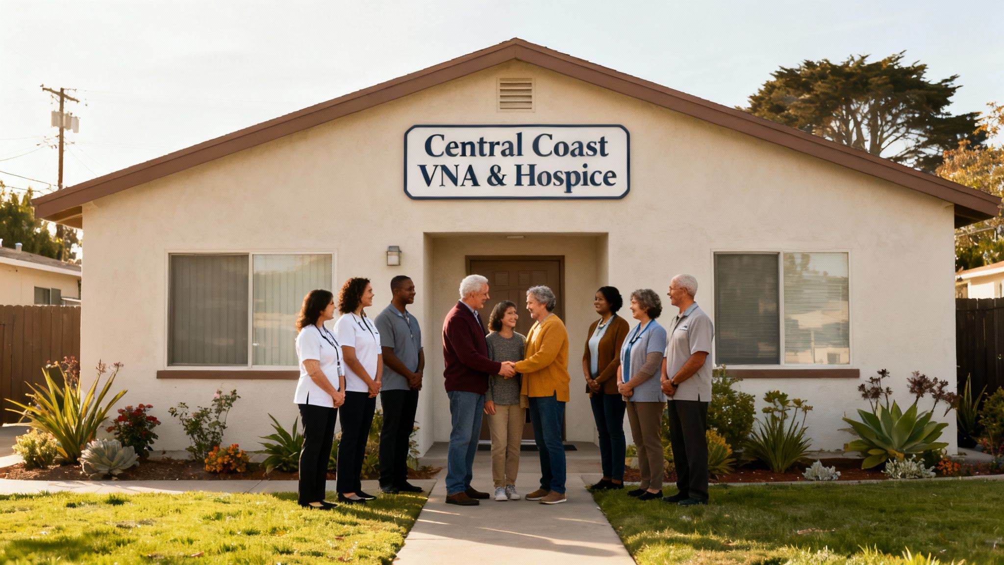 A friendly gathering of hospice staff and a couple shaking hands outside a care facility.