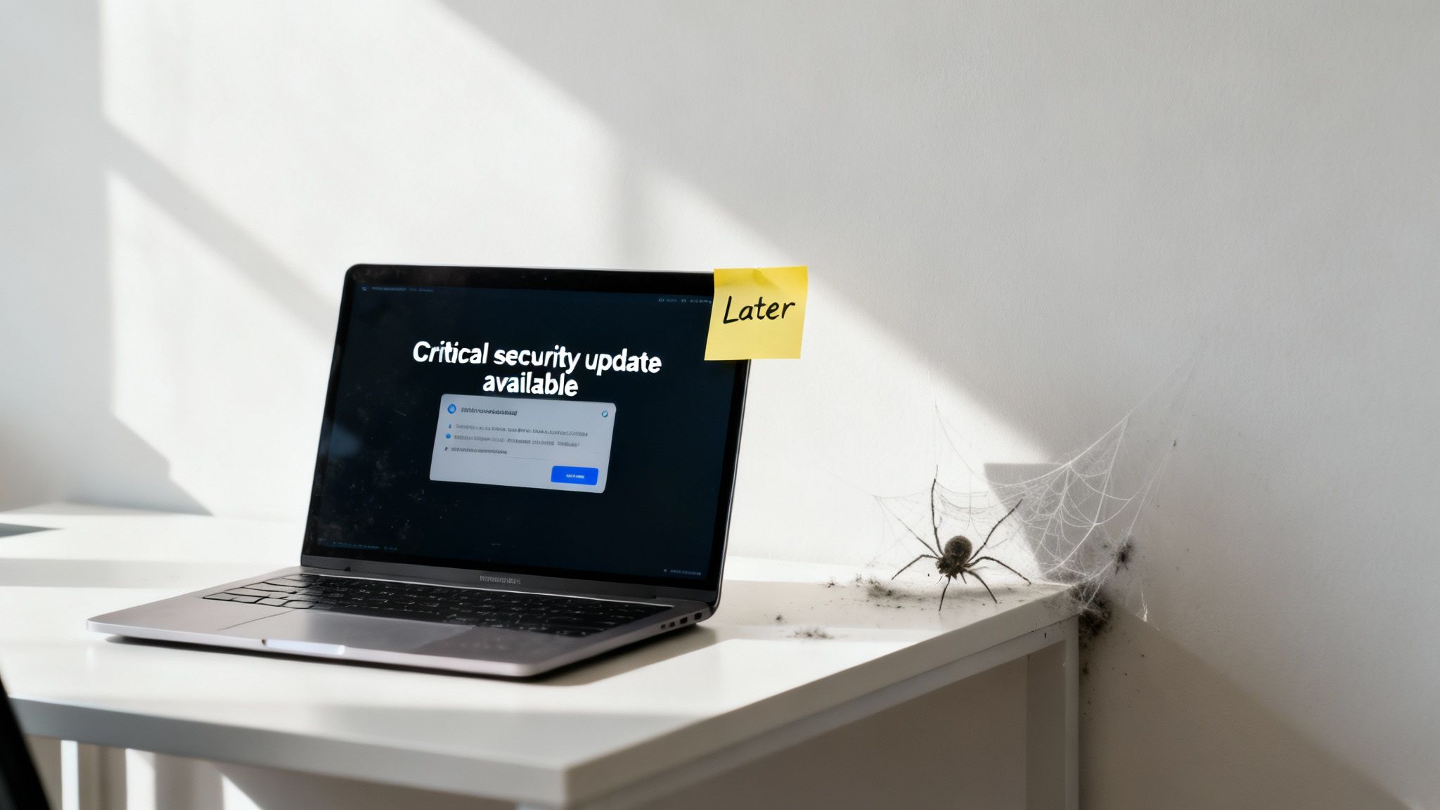 A person looking at a laptop screen with a security update notification.