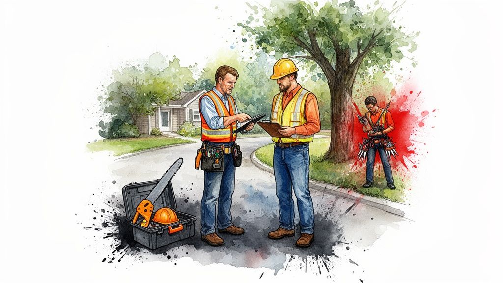 Watercolor illustration of tree trimming professionals reviewing work plans and using tools outdoors.