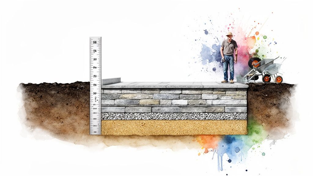 Cross-section of a stone patio foundation showing layers, a measuring stick, a worker, and construction tools.