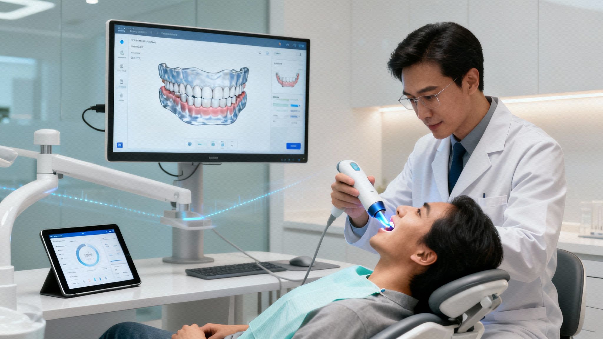 A dentist scans a patient's mouth with a digital intraoral scanner, displaying a 3D dental model on a monitor.