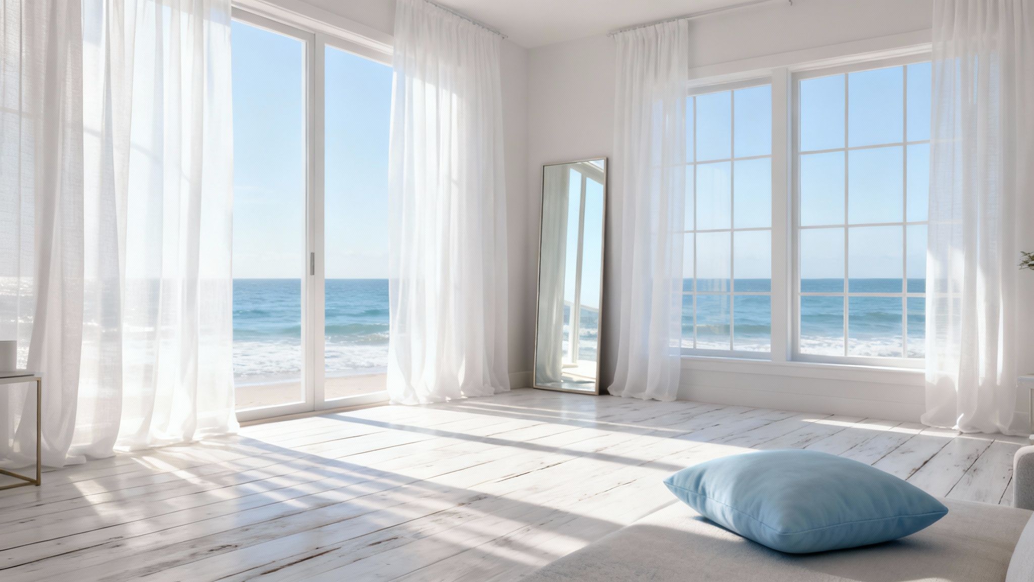 Sunny coastal room with ocean view, white curtains, wooden floor, and a blue pillow.