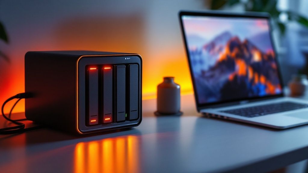 A sleek Network-Attached Storage (NAS) device with multiple drive bays, symbolizing centralized and redundant data storage.