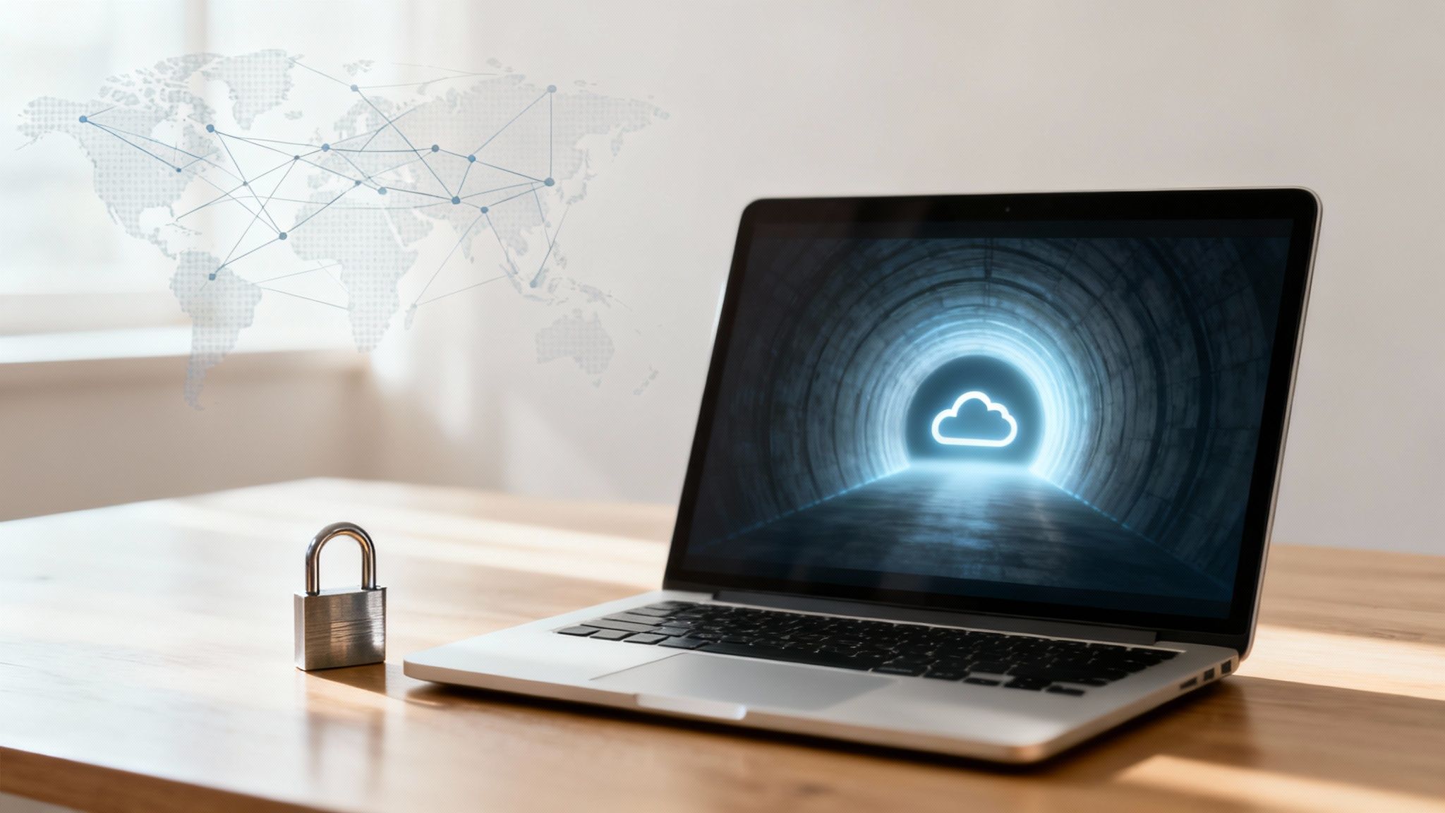Laptop, padlock, and cloud icon on screen symbolize global cloud data security.